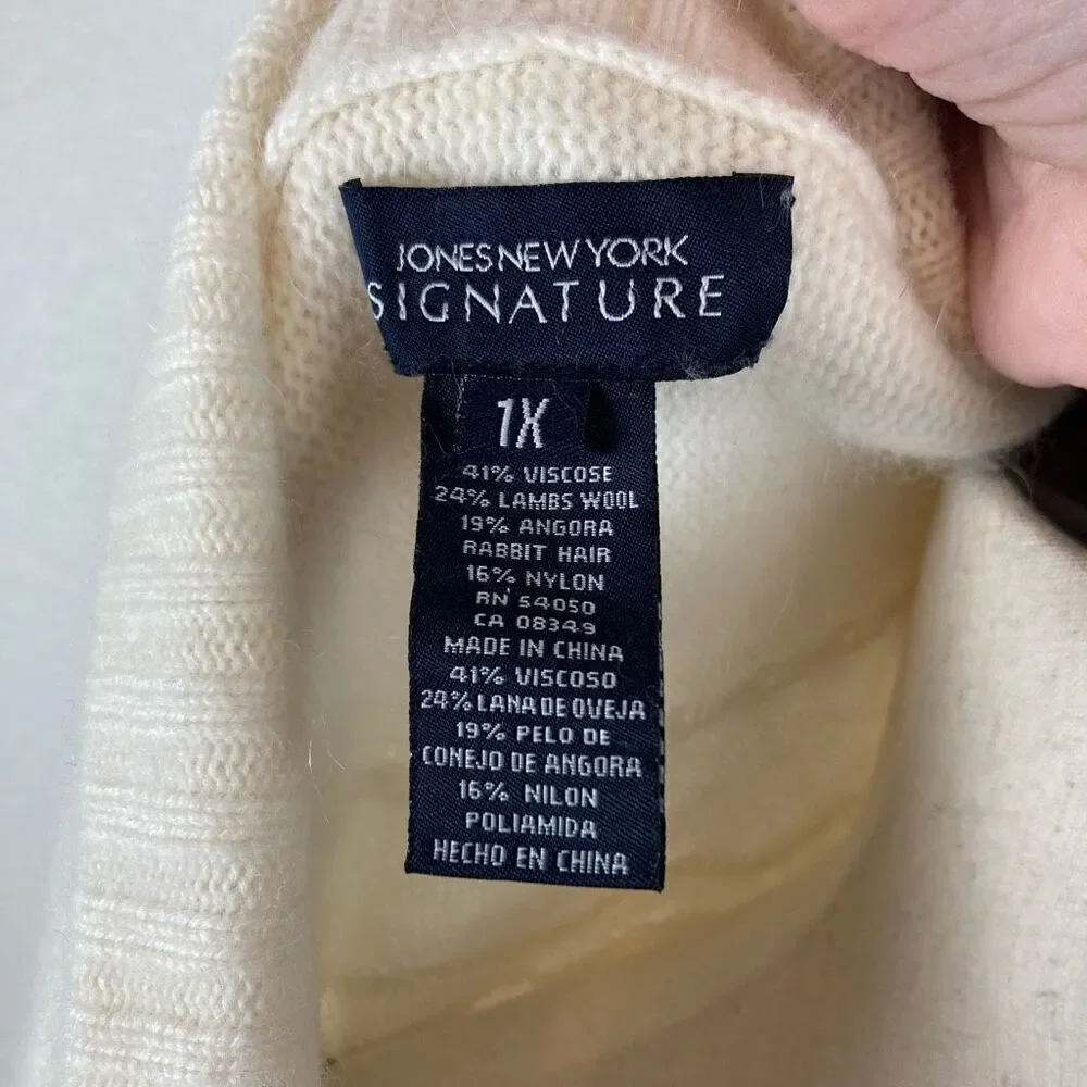 Jones New York Signature women’s 1X angora blend cream knit cardigan sweater NEW